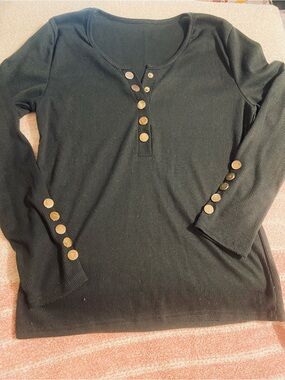 Long Sleeve Ribbed Henley Top with Decorative Buttons - Black